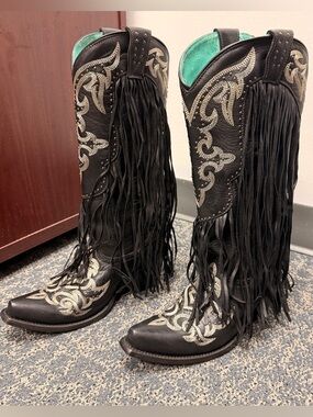 Corral Black Embroidered Fringe Tall Western Boots Rodeo Cowgirl Women’s 6.5